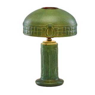 Appraisal: HAMPSHIRE HANDEL Table lamp w Mosserine shade HAMPSHIRE POTTERYHANDELTable lamp