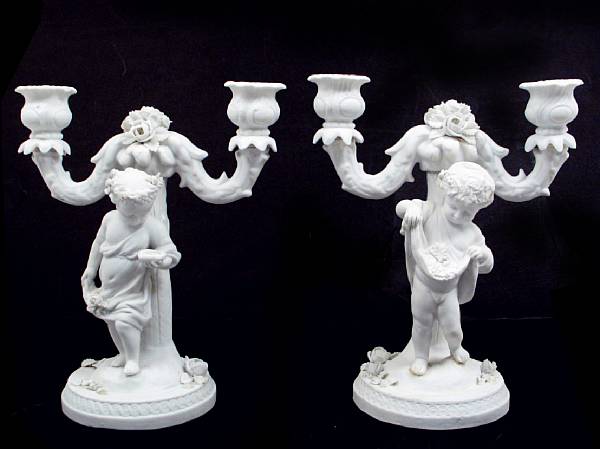 Appraisal: A pair of Continental biscuit porcelain two light candelabra height