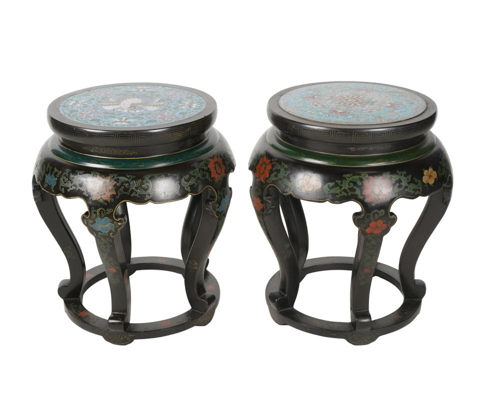 Appraisal: PAIR OF CLOISONNE-INSET PAINTED WOOD TABORETSlate th st century inches