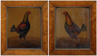 Appraisal: Pair fighting cock portraits with clipped feathers and long spurs