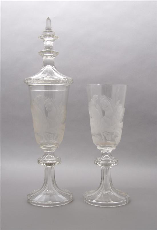 Appraisal: A Pair of Engraved Glass Pokals Height overall inches