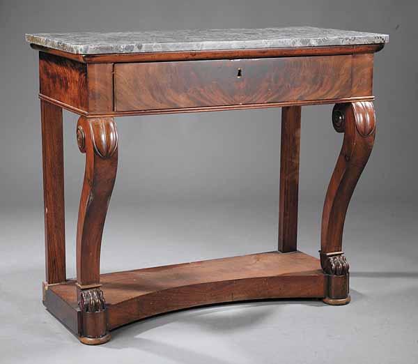 Appraisal: A Restauration Mahogany Console c the rectilinear grey marble top