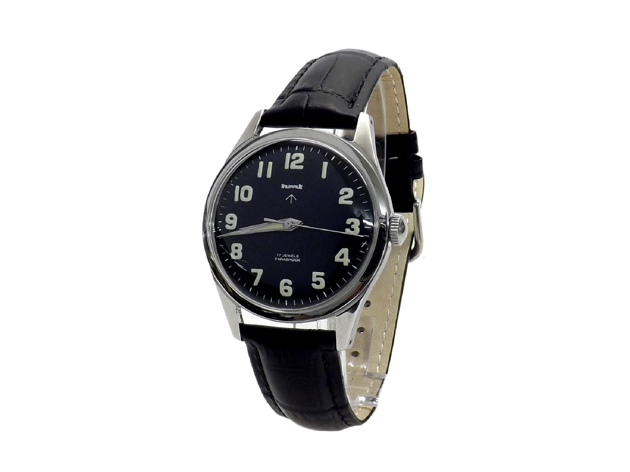 Appraisal: HMT military type stainless steel gentleman's wristwatch jewels black leather