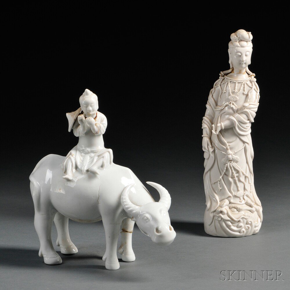 Appraisal: Two Blanc de Chine Figures China a Guanyin standing on