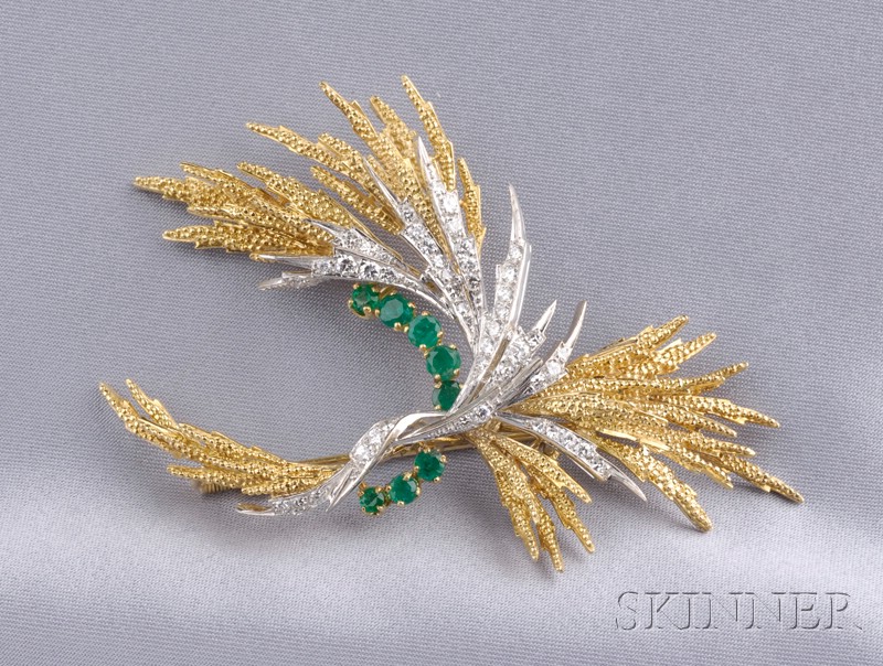 Appraisal: k Gold Emerald and Diamond Spray Brooch set with circular-cut