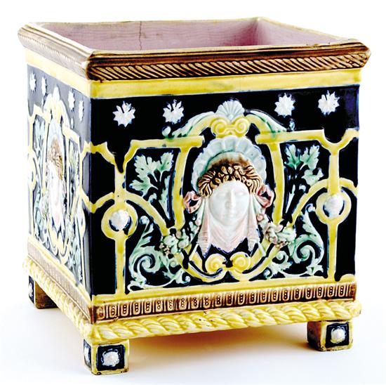 Appraisal: English majolica jardiniere th century square base with molded garland