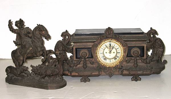 Appraisal: A Renaissance Revival patinated and enameled metal figural mantel clock