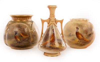 Appraisal: A Royal Worcester globular lobed vase painted pheasants by James