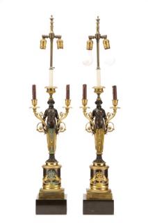 Appraisal: Pair French Empire Bronze Candelabra Lamps French mid to late