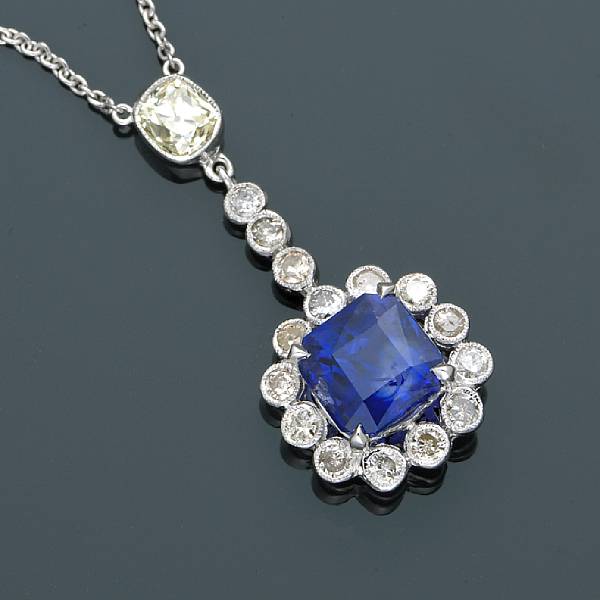 Appraisal: A sapphire and diamond necklace square-cut sapphire weighing an estimated