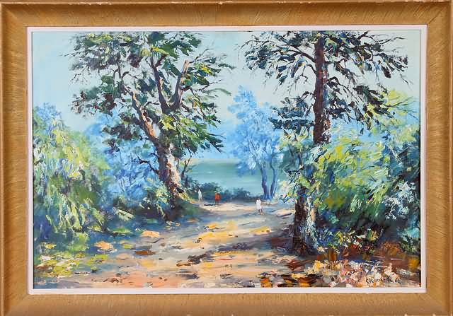 Appraisal: Landscape leading to the river three figures walking oil on