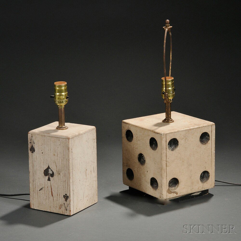 Appraisal: Wooden Painted Dice and Ace of Clubs Fitted as Lamps