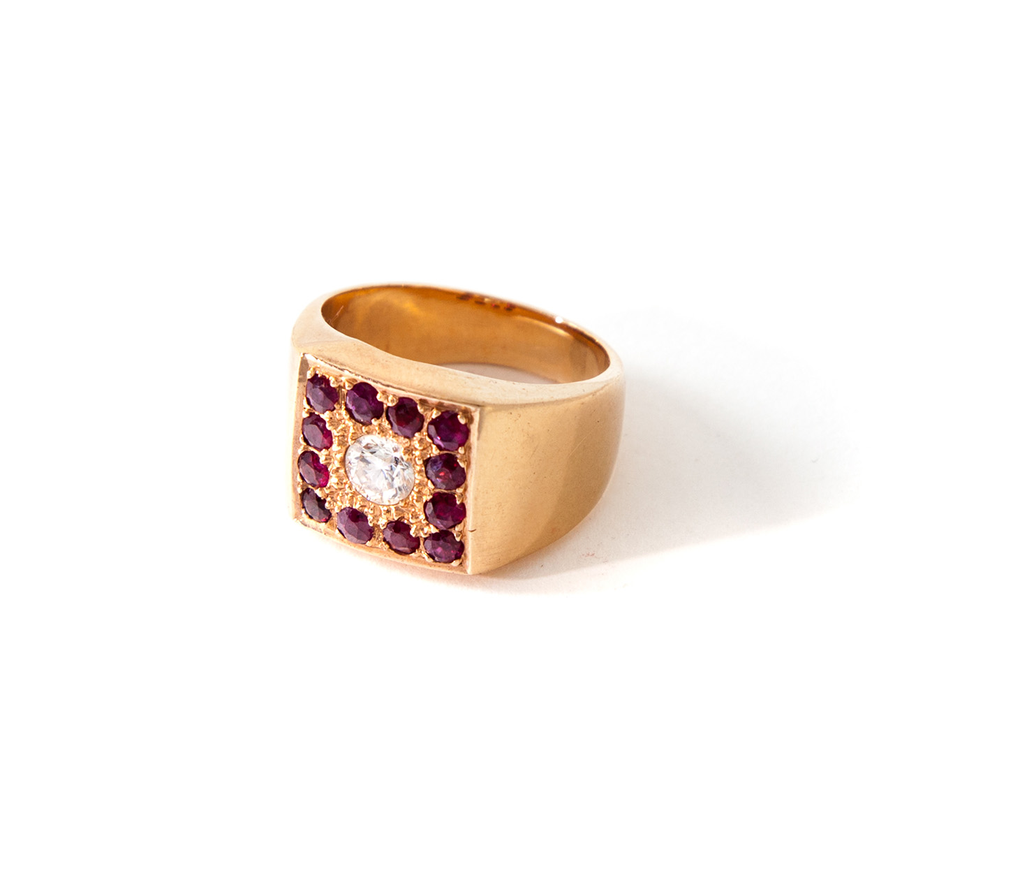 Appraisal: GOLD RING WITH DIAMOND AND RUBIES American late th century