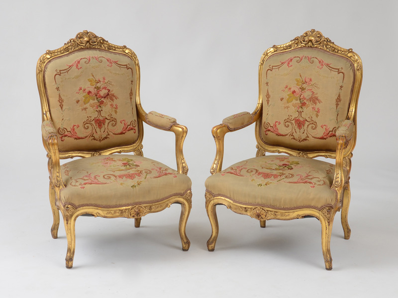 Appraisal: PAIR OF LOUIS XV STYLE GILTWOOD FAUTEUILS LA REINE Each