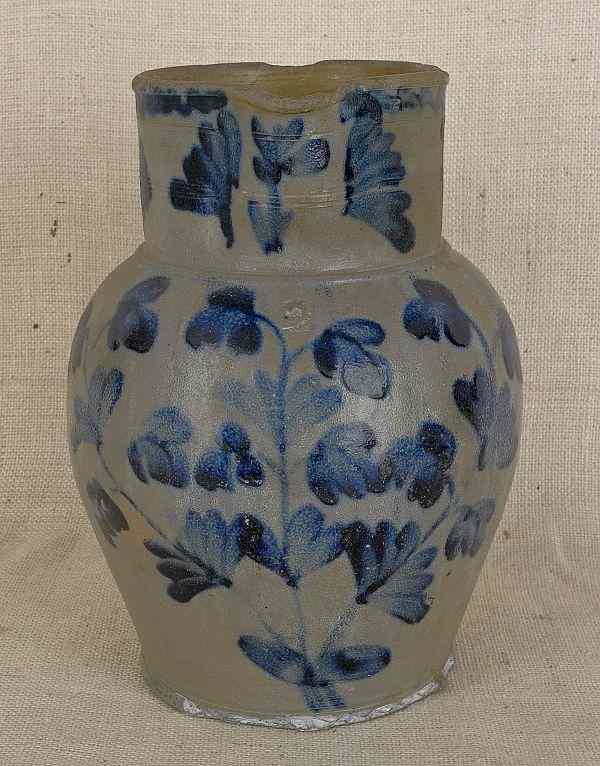 Appraisal: Maryland two-gallon stoneware pitcher th c with cobalt floral decoration