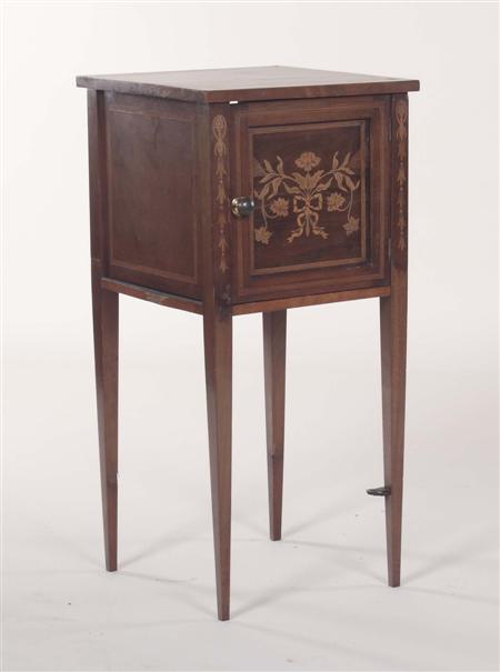 Appraisal: A th century mahogany and floral inlaid pot cupboard the