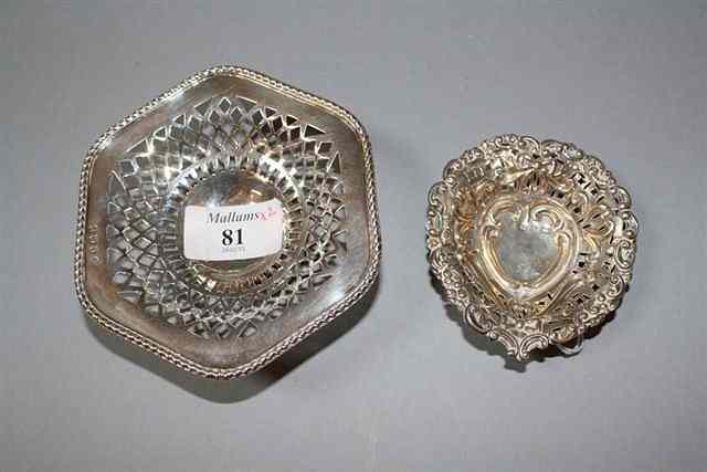 Appraisal: A SILVER HEXAGONAL SHAPED BON-BON DISH with pierced geometric shaped