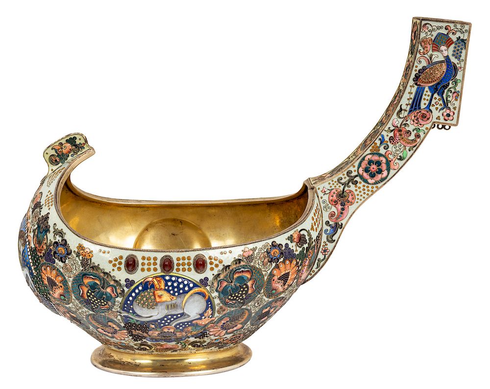 Appraisal: A LARGE RUSSIAN SILVER AND CLOISONNE ENAMEL KOVSH GISH WORKSHOP