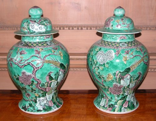 Appraisal: Title Pair Chinese Porcelain Covered Jars with green glaze Date