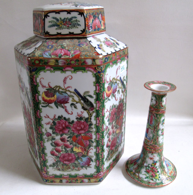 Appraisal: CHINESE EXPORT JAR AND CANDLESTICK the hexagonal lidded jar is