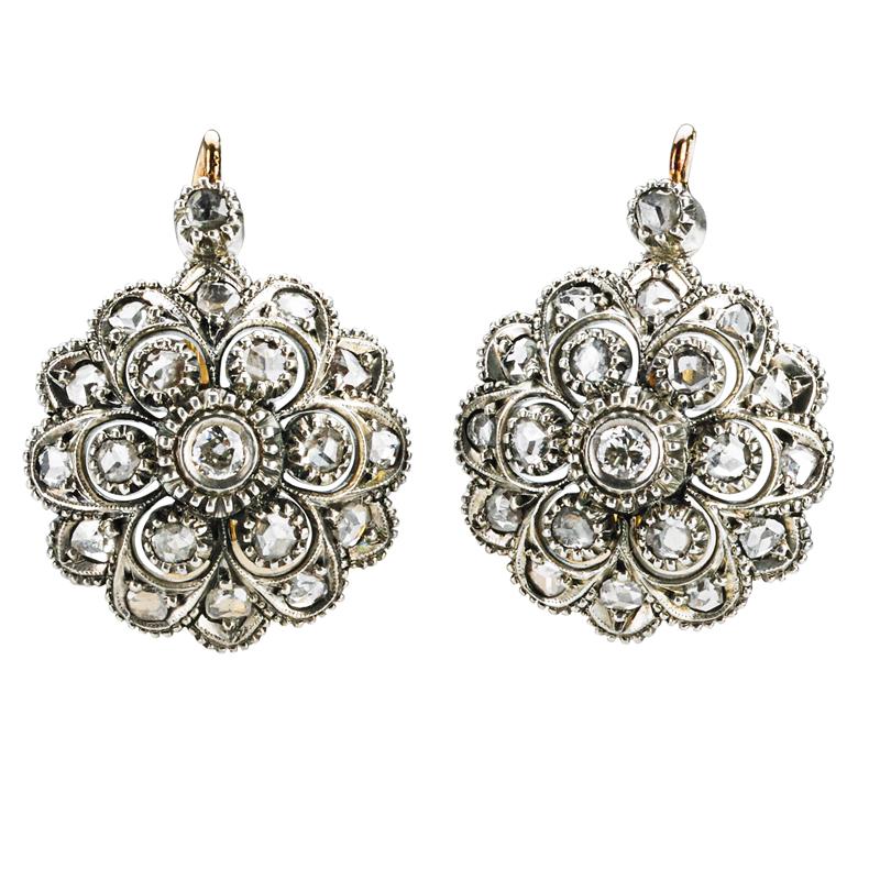 Appraisal: DIAMOND AND SILVER TOPPED GOLD CLUSTER EARRINGS Condition Report