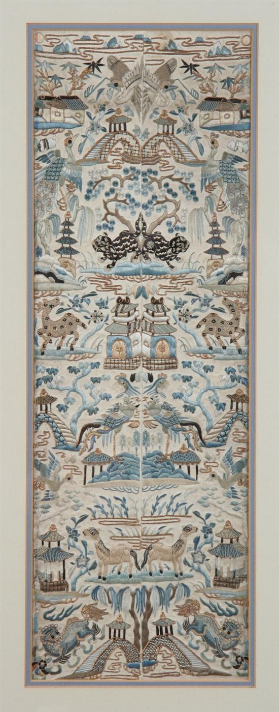 Appraisal: CHINESE EMBROIDERED BEIGE SILK PANEL th century Worked in Pekin