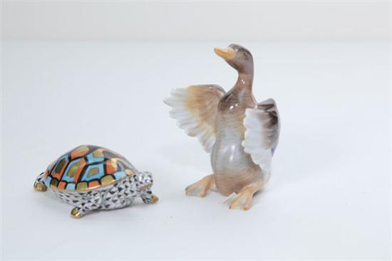 Appraisal: TWO HEREND ANIMALS A turtle with partial fishnet and polychrome