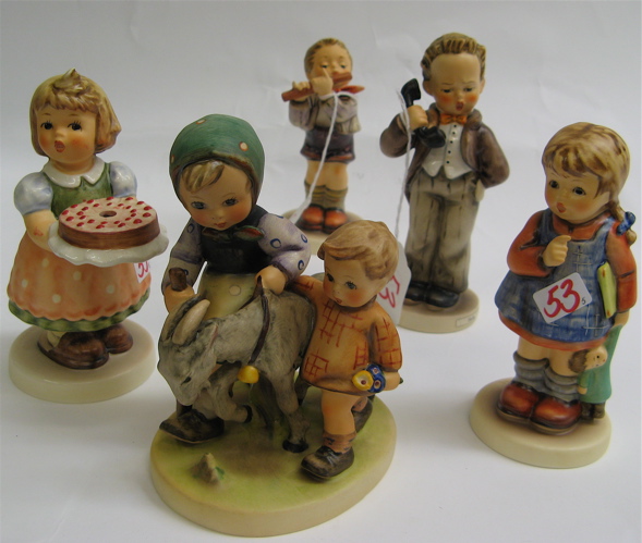 Appraisal: FIVE GERMAN HUMMEL FIGURES Homeward Bound HUM H TM- incised