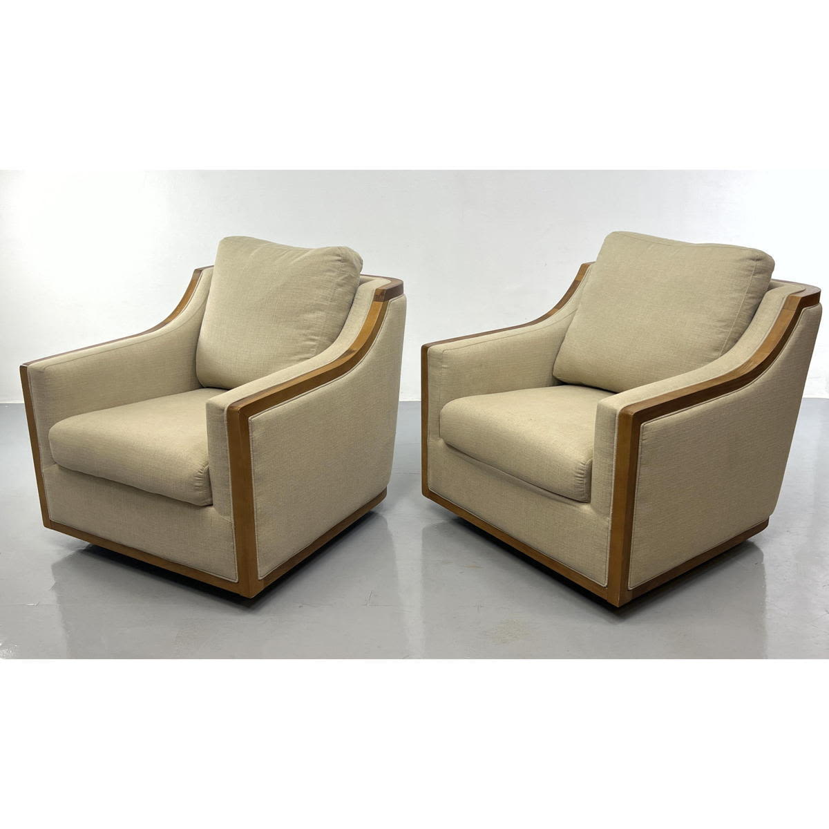 Appraisal: Pr Wood Framed Modernist Lounge Chairs Neutral beige upholstery Art