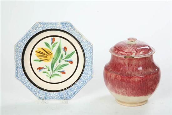 Appraisal: TWO PIECES SPATTERWARE Red covered sugar with red and green