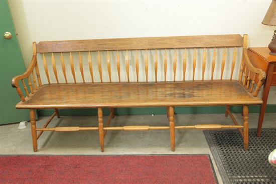 Appraisal: SETTLE BENCH Walnut arrowback bench with rolled arms and turned