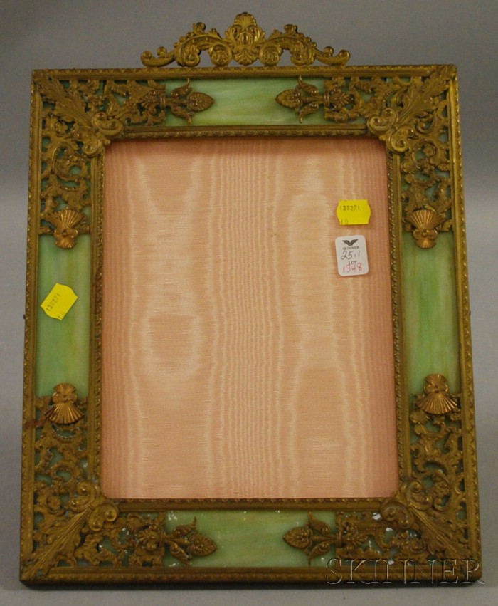 Appraisal: Brass Overlay Green Slag Glass Table Picture Frame exterior ht