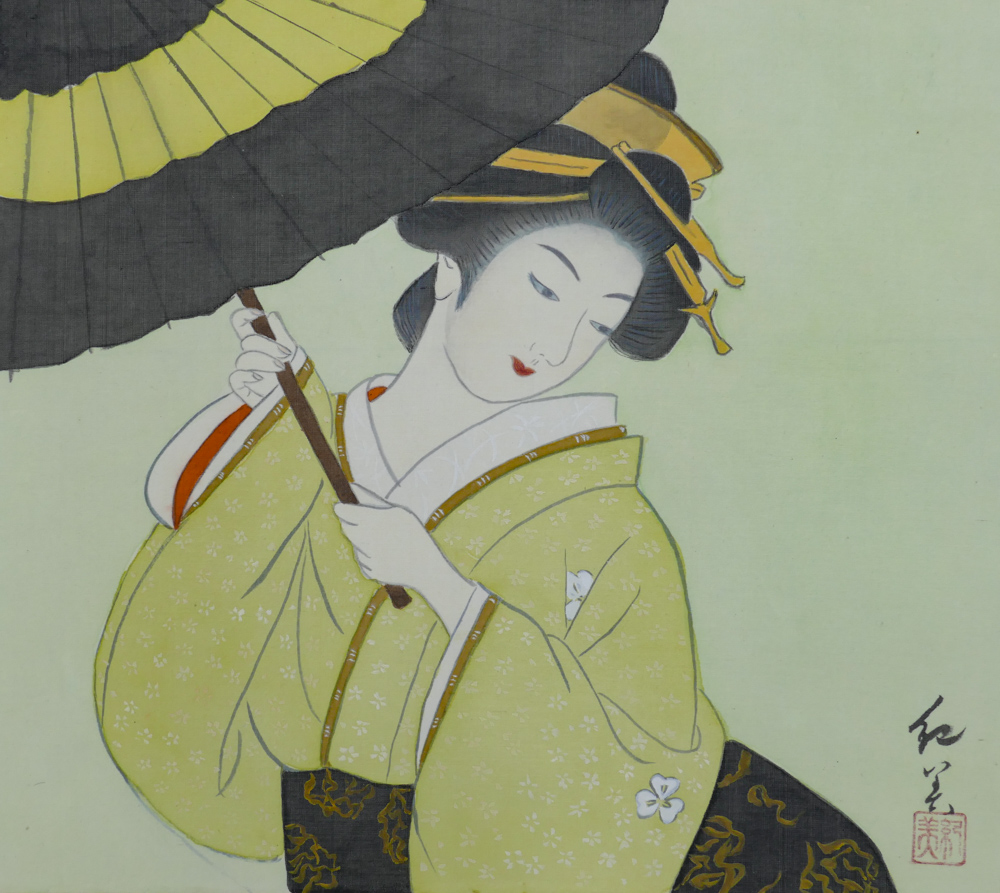 Appraisal: Japnaese Geisha with Parasol Small Scroll Painting ''x '' Image