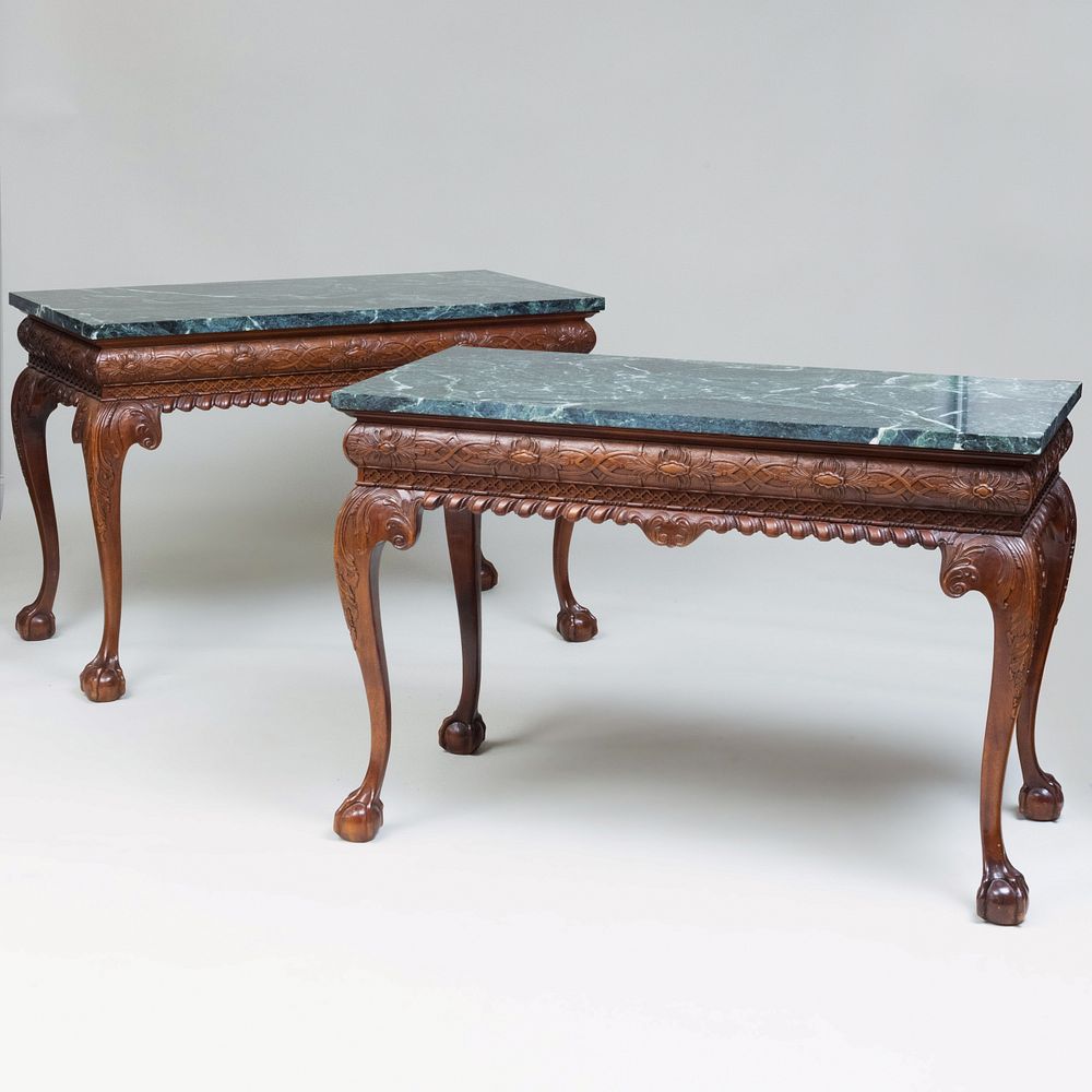 Appraisal: Pair of George III Style Carved Mahogany Consoles of Recent