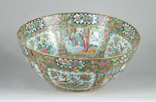 Appraisal: LARGE ROSE MEDALLION PUNCH BOWL Circa Paneled scenes of people