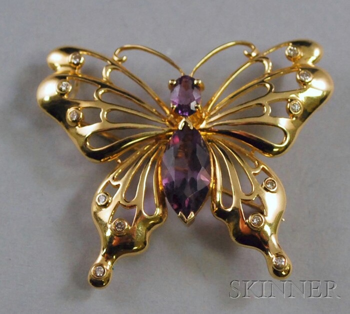 Appraisal: kt Gold Amethyst and Diamond Butterfly Brooch total dwt lg