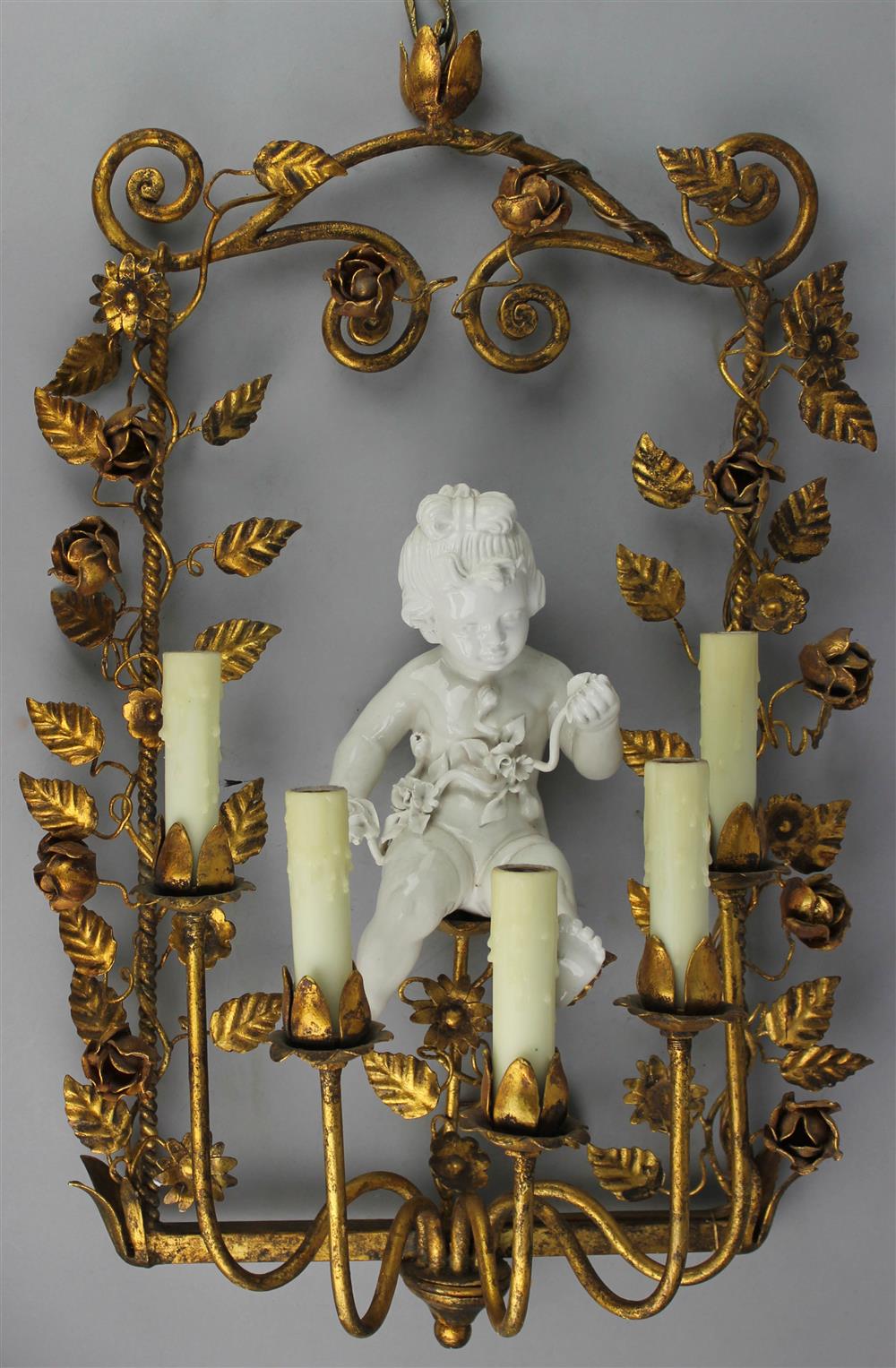 Appraisal: NEOCLASSICAL STYLE GILT IRON METAL AND WHITE PORCELAIN FIVE LIGHT