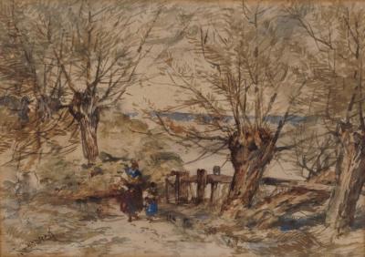 Appraisal: Thomas Creswick British - Figures in a Willow Lined Lane