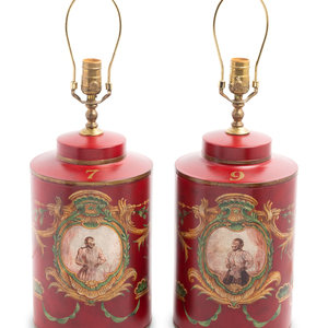 Appraisal: A Pair of Polychrome Painted Tea Canisters Mounted as Lamps