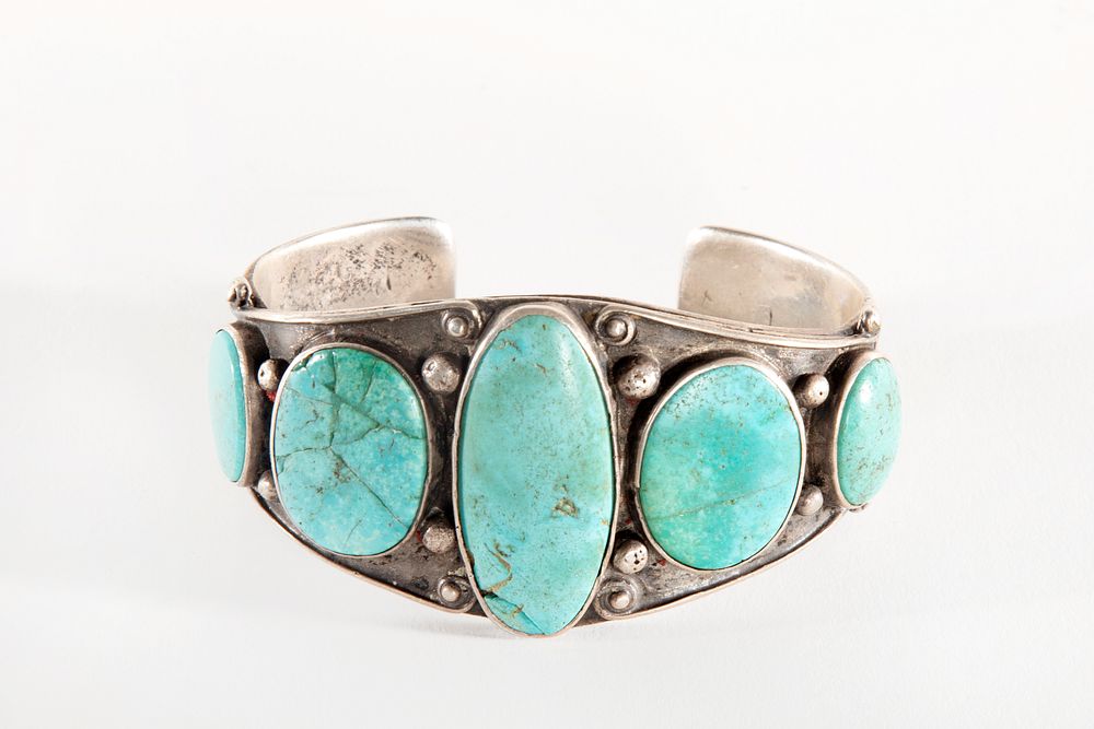 Appraisal: A Navajo Five Stone Turquoise and Silver Cuff ca Navajo