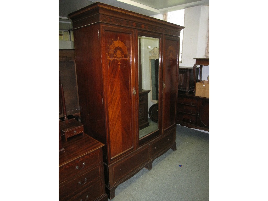 Appraisal: Edwardian mahogany and inlaid mirror door wardrobe with matching dressing