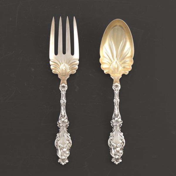 Appraisal: WHITING STERLING SILVER SERVING SPOON AND FORK LILY PATTERN Large