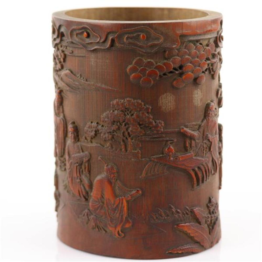 Appraisal: CHINESE QING DYNASTY BAMBOO VESSEL BRUSH POTS WITH HEAVILY CARVED