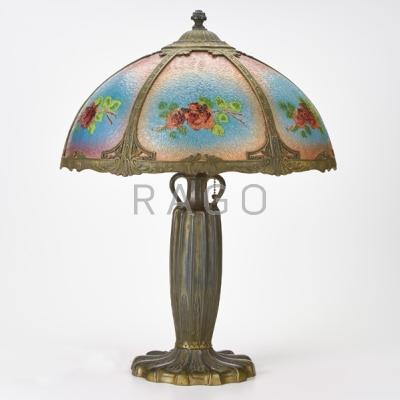 Appraisal: REVERSE-PAINTED TABLE LAMP USA early th c White metal textured