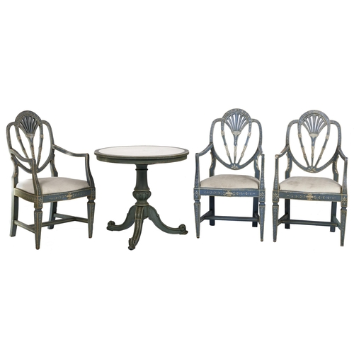 Appraisal: A set of three blue painted elbow chairs and an