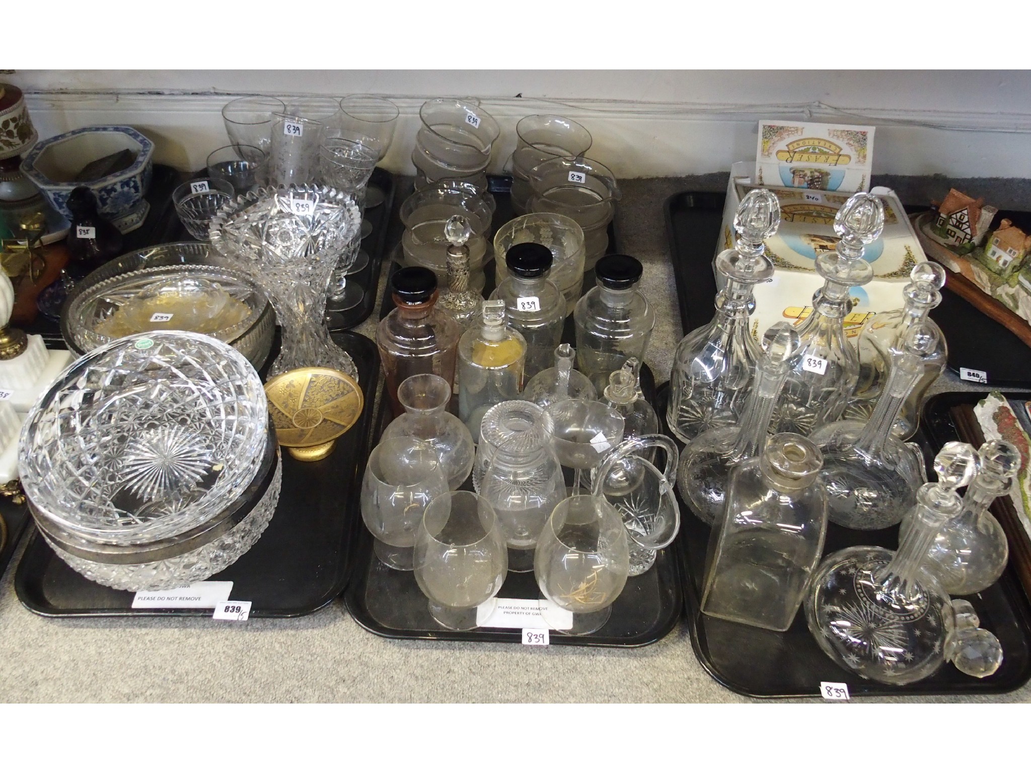 Appraisal: Five trays comprising various glasswares including Stuart Crystal centrebowl rinsers