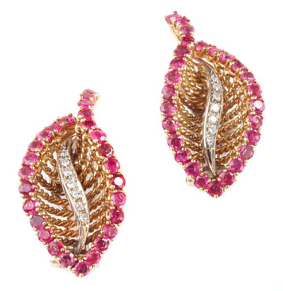 Appraisal: A pair of ruby diamond and k gold earclips