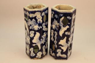 Appraisal: Antique Chinese Blue White Hexagonal Vases Height in