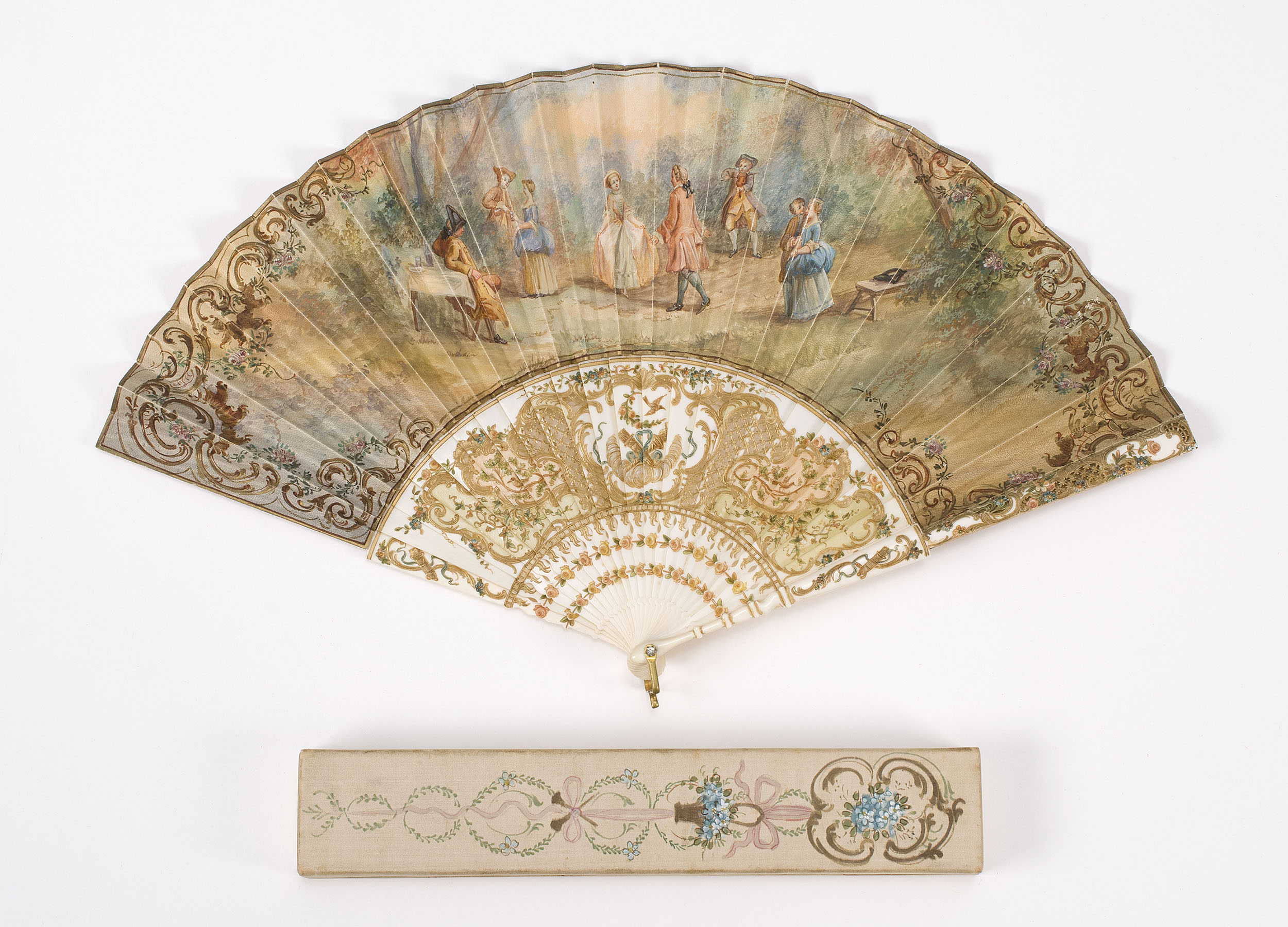 Appraisal: FRENCH DOUBLE-SIDED VELLUM AND IVORY FOLDING FAN Circa Leaf painted