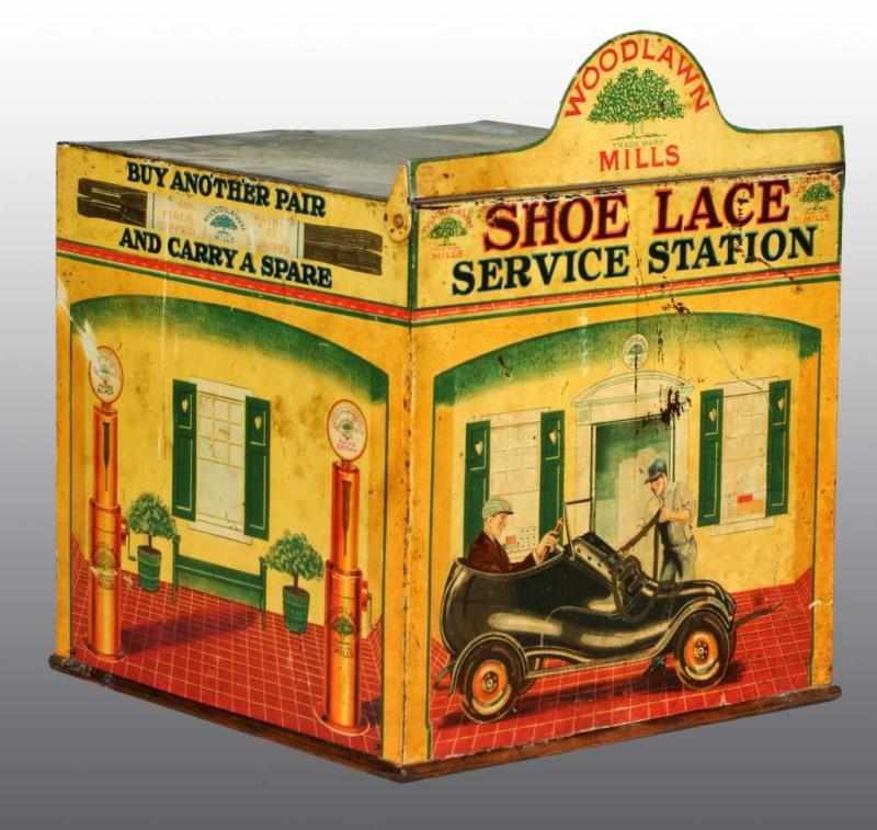 Appraisal: Tin Shoe Lace Service Station Display Description Marked Woodlawn Mills